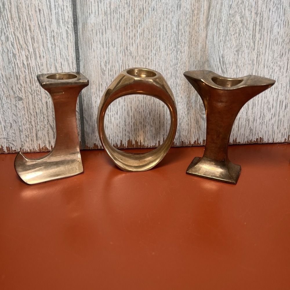Vintage Solid Brass 3 Piece "JOY" Candlestick Holders Christmas Holiday India